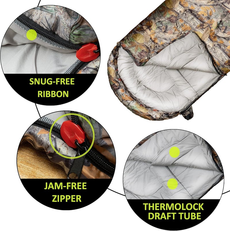 rioyalo 0 Degree Winter Sleeping Bags for Adults Camping (450GSM) - Temp Range (5F–32F) Portable Waterproof Compression Sack- Camping Sleeping Bags for Big and Tall in Env Hoodie: Backpacking Hiking 4 Season - Image 4